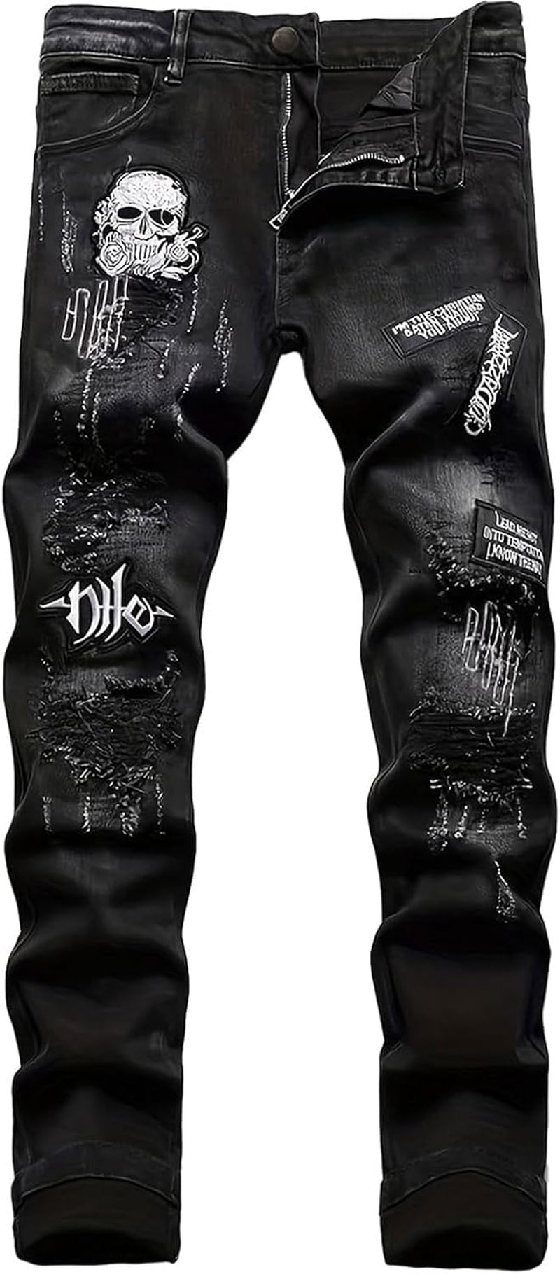 Men'S Ripped Jeans Printed Jeans Black Skull Embroidered Slim Jeans Straight Leg Slim Stacked Jeans