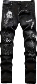 Men'S Ripped Jeans Printed Jeans Black Skull Embroidered Slim Jeans Straight Leg Slim Stacked Jeans