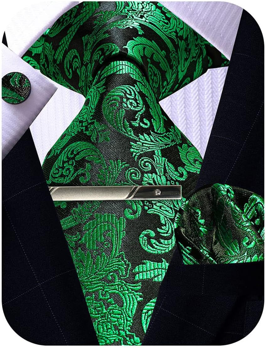 Mens Tie Pocket Square Cufflinks Tie Bar Set, Silk Woven Necktie with Hanky Clip