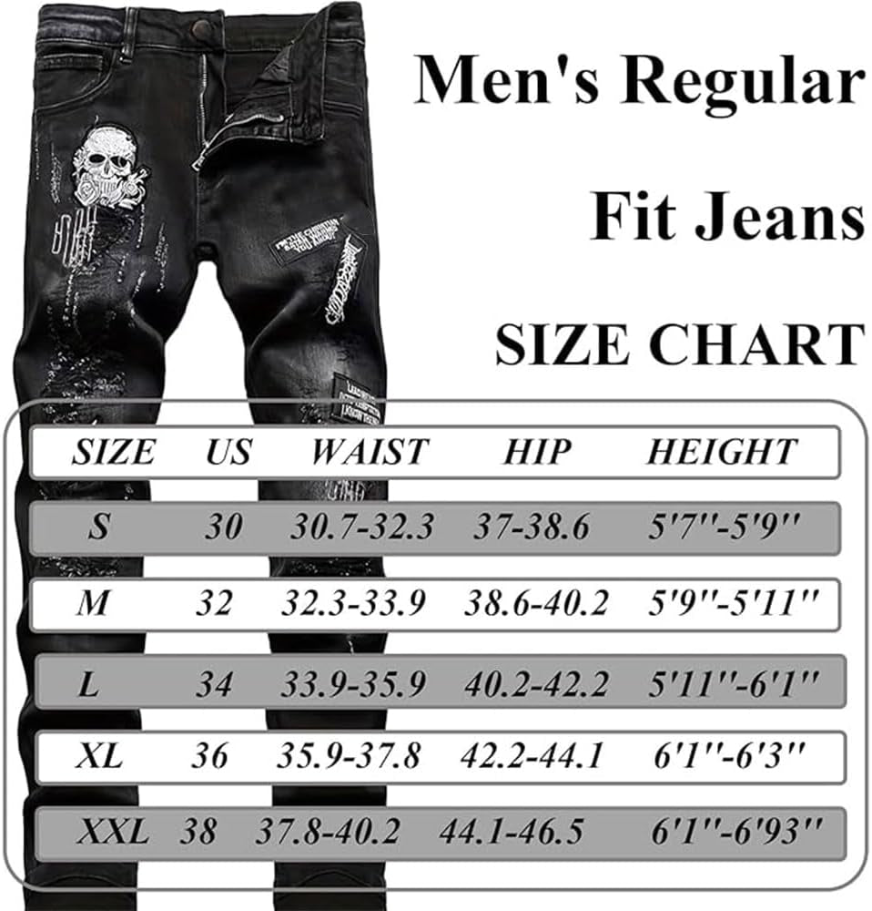 Men'S Ripped Jeans Printed Jeans Black Skull Embroidered Slim Jeans Straight Leg Slim Stacked Jeans