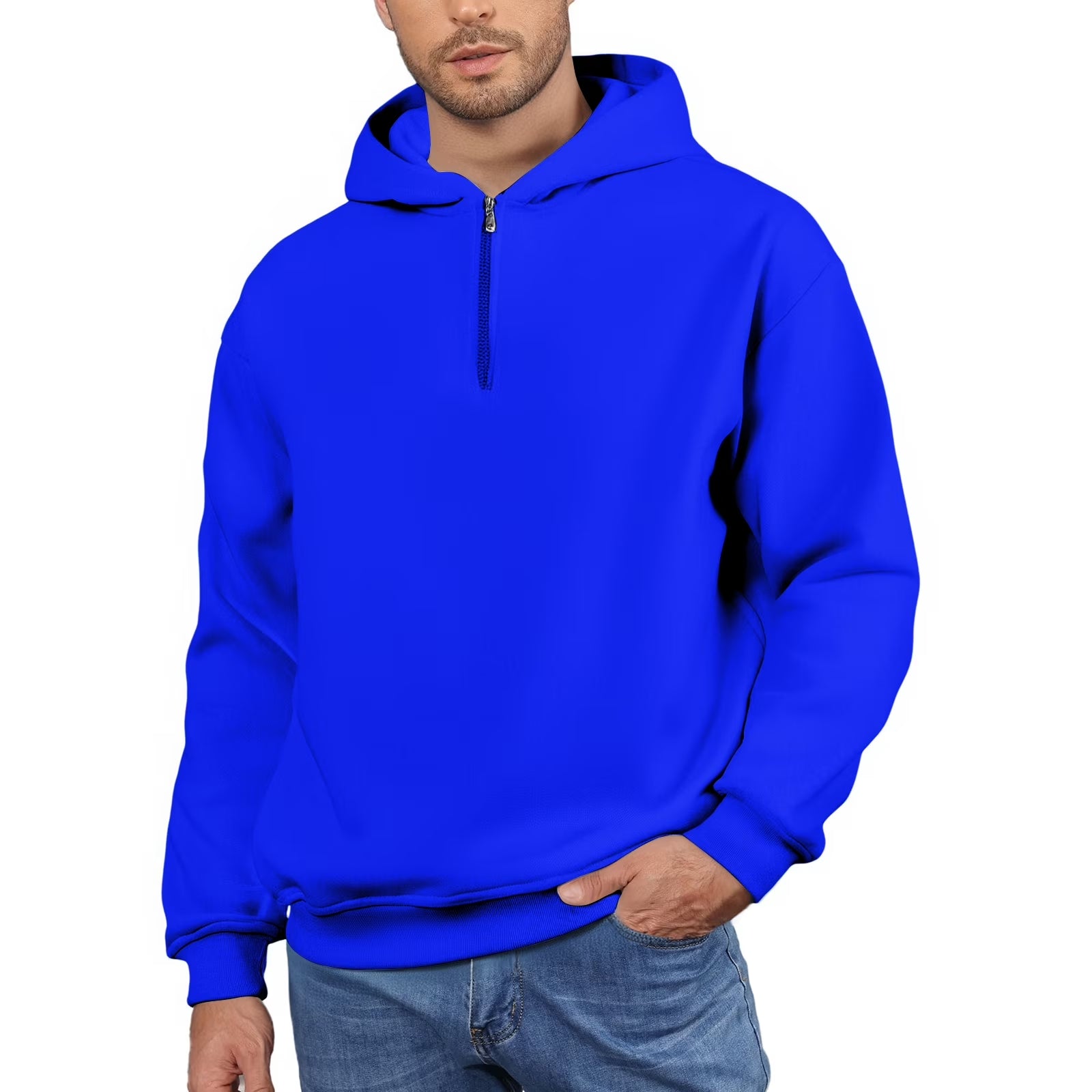 Men'S Quarter Zip Hoodies Zip up Solid Color Hoodie Long Sleeve Drop Shoulder Sweatshirt Casual Pullover Blue 2XL