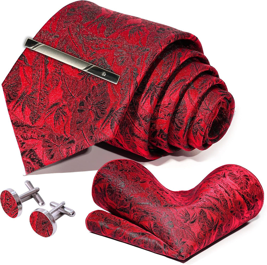 Mens Tie Pocket Square Cufflinks Tie Bar Set, Silk Woven Necktie with Hanky Clip