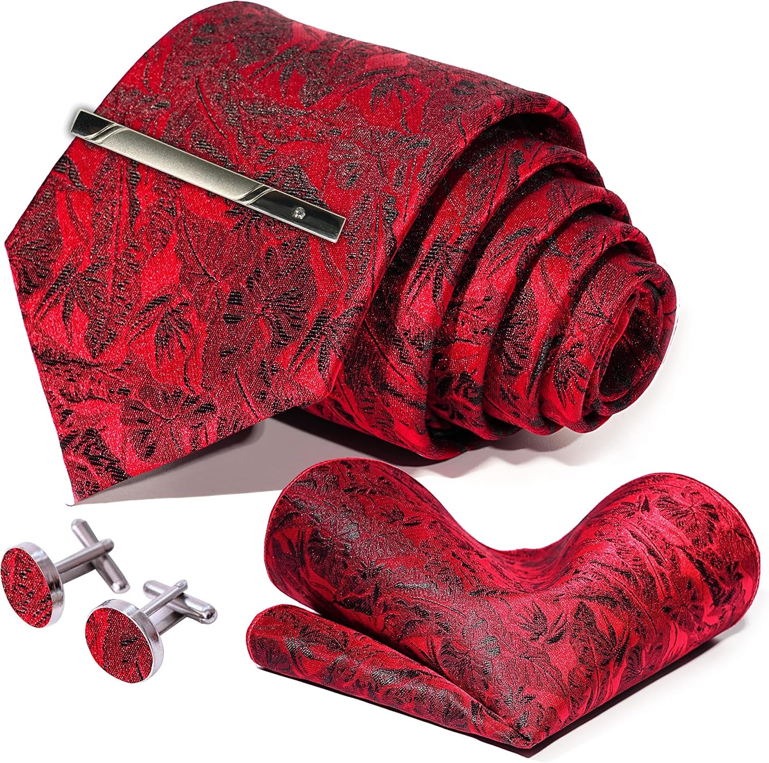 Mens Tie Pocket Square Cufflinks Tie Bar Set, Silk Woven Necktie with Hanky Clip