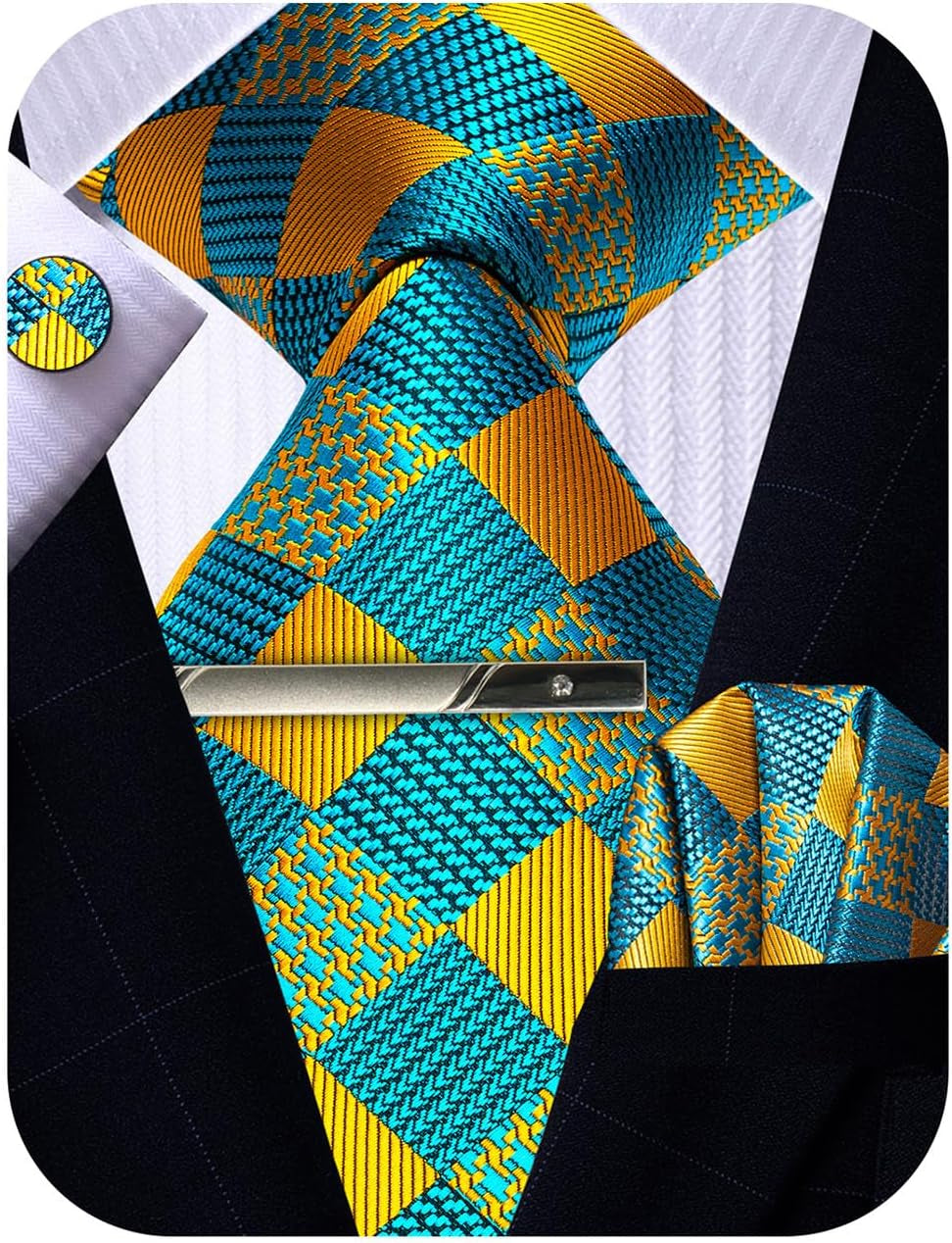 Mens Tie Pocket Square Cufflinks Tie Bar Set, Silk Woven Necktie with Hanky Clip