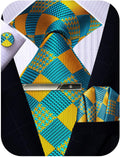 Mens Tie Pocket Square Cufflinks Tie Bar Set, Silk Woven Necktie with Hanky Clip