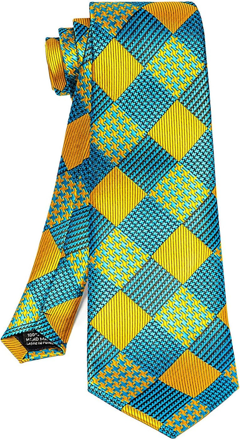 Mens Tie Pocket Square Cufflinks Tie Bar Set, Silk Woven Necktie with Hanky Clip