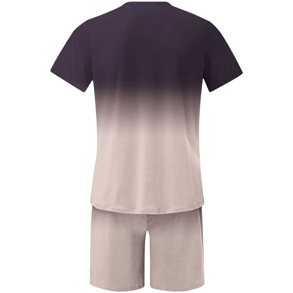 Mens Summer 2 Piece Tracksuit Gradient Color Crew Neck Pull-On Tee Tops and Double Pockets Plain Shorts Vacation Workout Shirts Sets