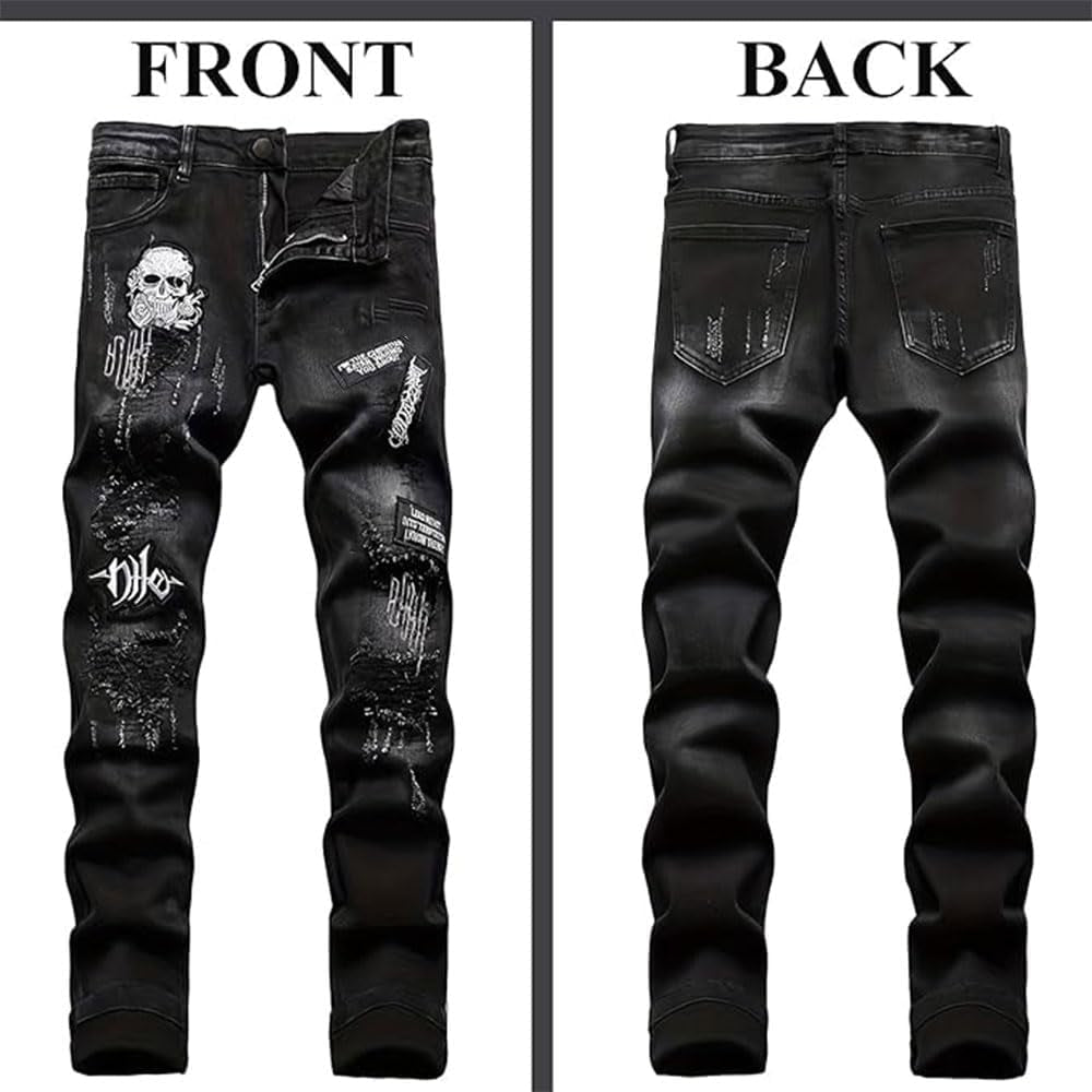 Men'S Ripped Jeans Printed Jeans Black Skull Embroidered Slim Jeans Straight Leg Slim Stacked Jeans