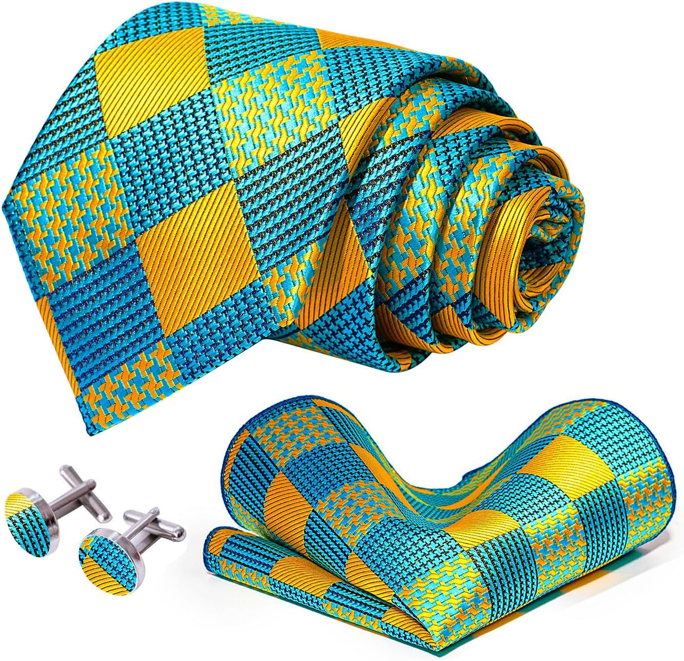 Mens Tie Pocket Square Cufflinks Tie Bar Set, Silk Woven Necktie with Hanky Clip