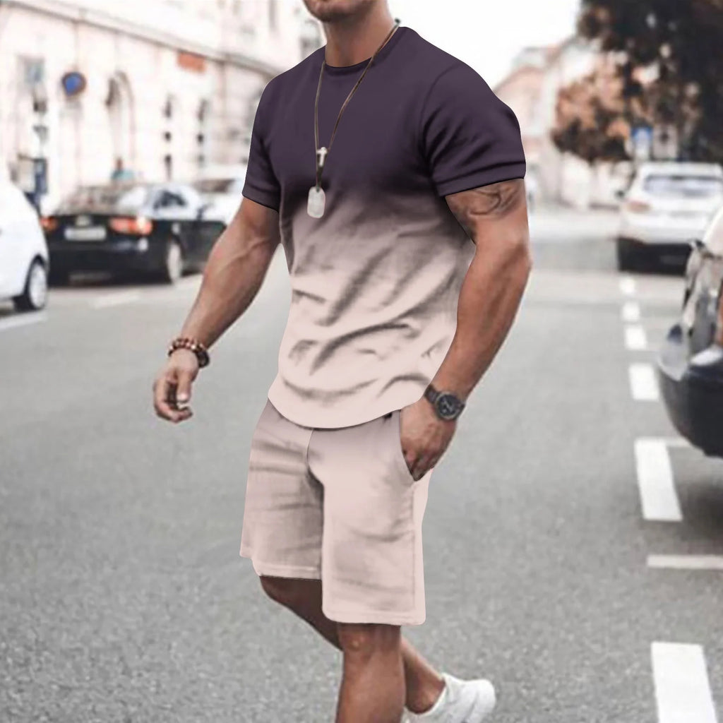 Mens Summer 2 Piece Tracksuit Gradient Color Crew Neck Pull-On Tee Tops and Double Pockets Plain Shorts Vacation Workout Shirts Sets