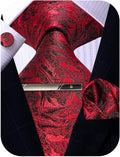Mens Tie Pocket Square Cufflinks Tie Bar Set, Silk Woven Necktie with Hanky Clip