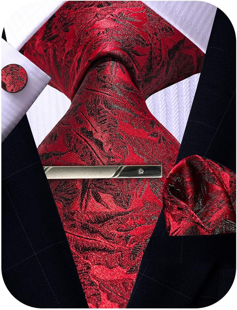Mens Tie Pocket Square Cufflinks Tie Bar Set, Silk Woven Necktie with Hanky Clip