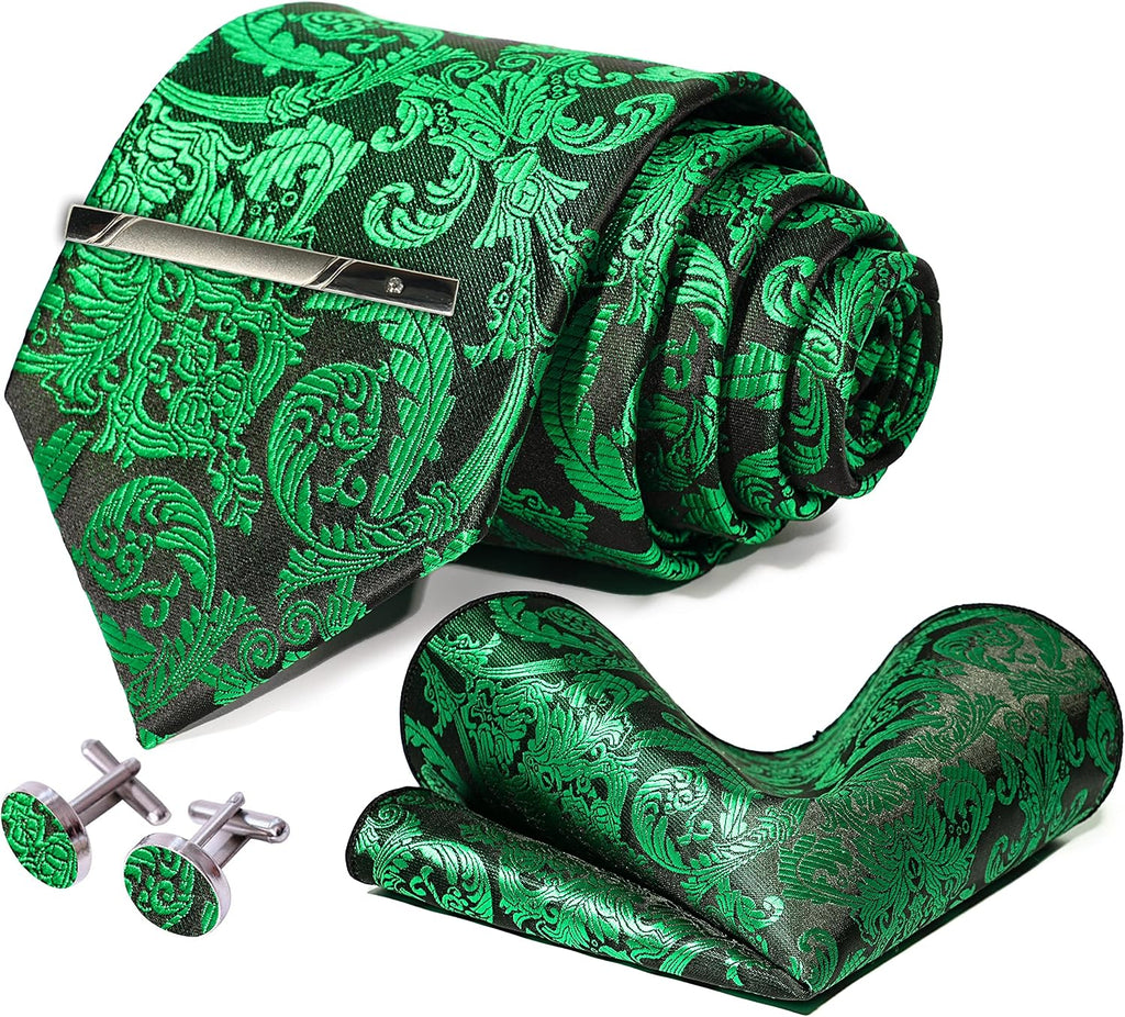 Mens Tie Pocket Square Cufflinks Tie Bar Set, Silk Woven Necktie with Hanky Clip